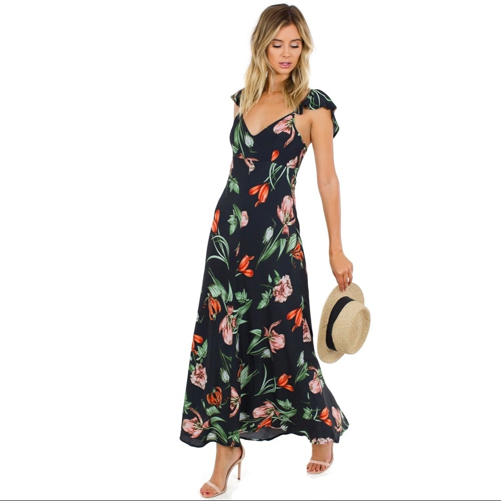 ASTR Florentina flutter-sleeve floral maxi dress